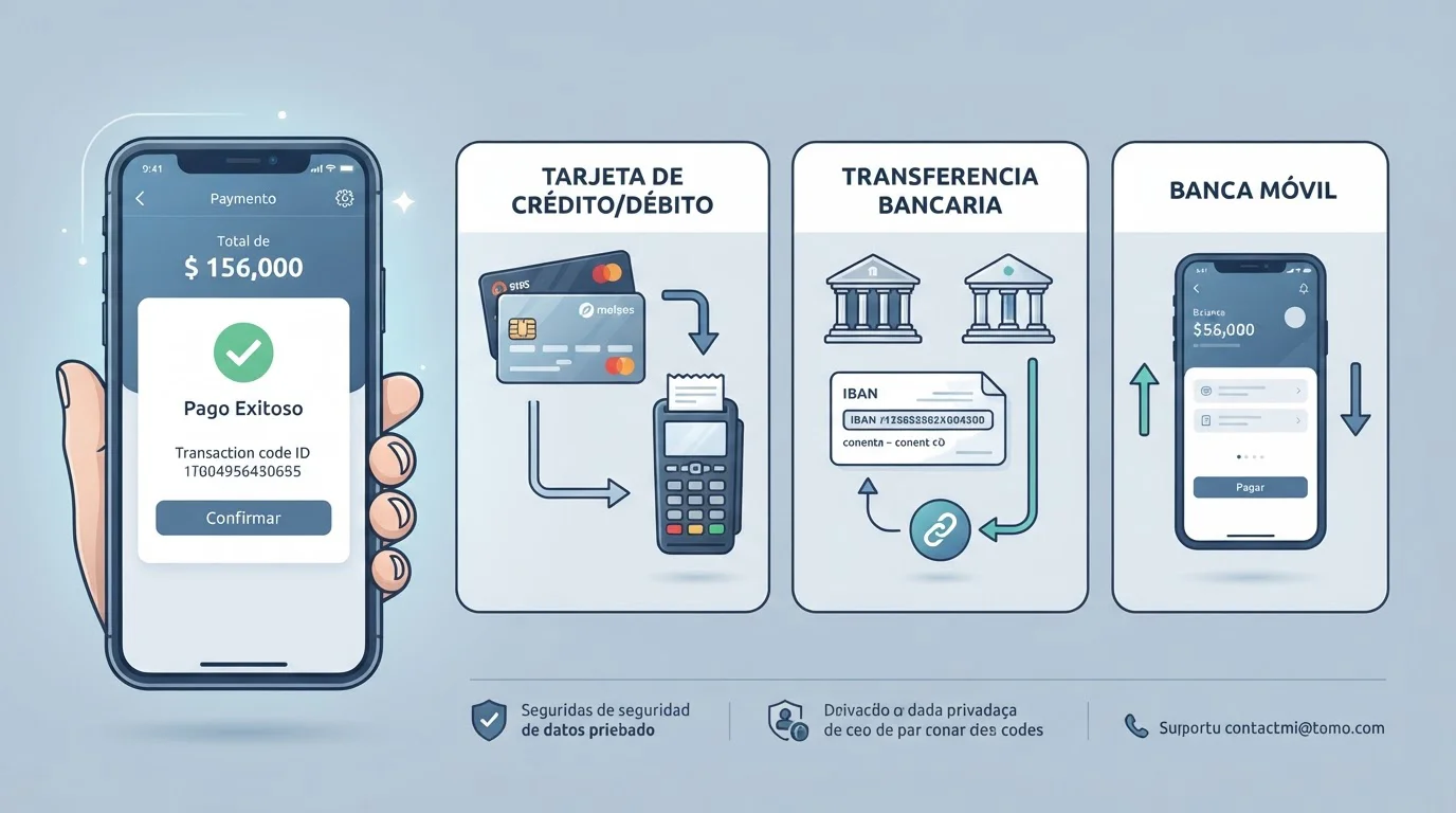 Móvil junto a iconos de tarjeta, transferencia y pago desde una aplicación bancaria