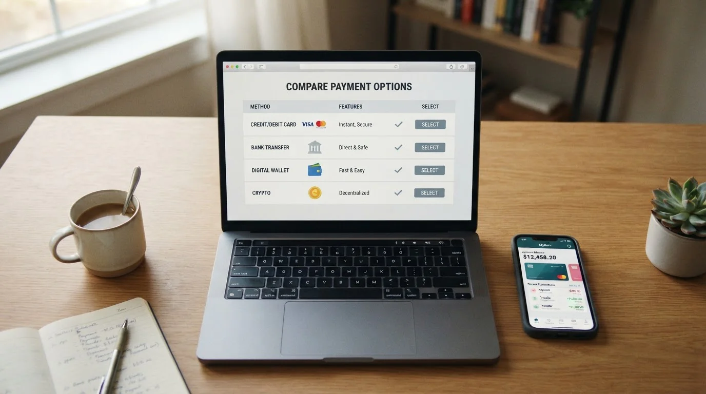 Portátil con opciones de tarjeta y transferencia junto a una aplicación bancaria móvil