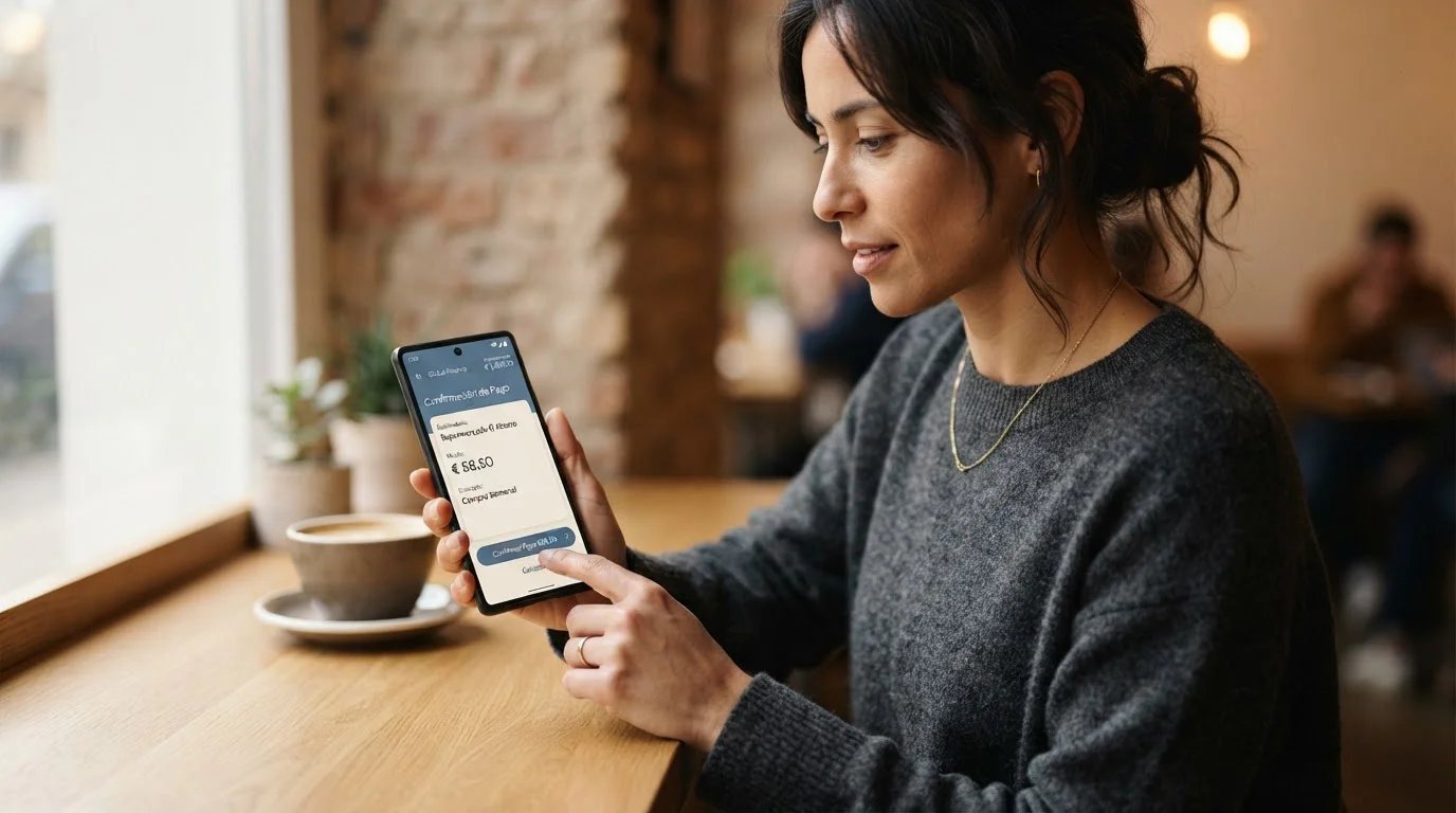 Mano sujetando un móvil con una pantalla de pago desde la aplicación bancaria