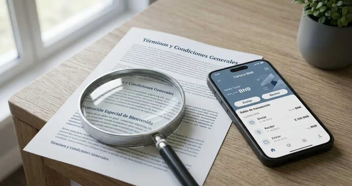 Lupa sobre un documento de condiciones de un bono con BNB