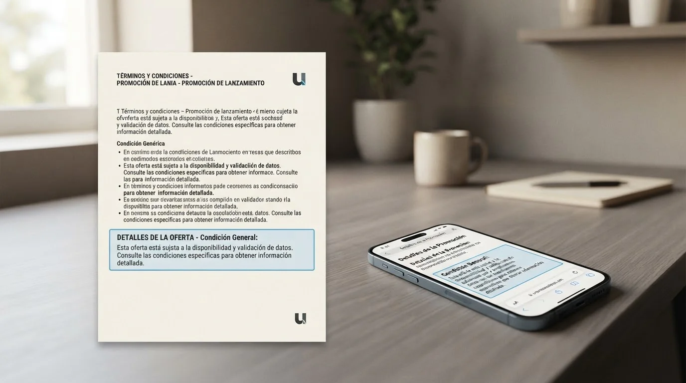 Documento de condiciones promocionales junto a un móvil