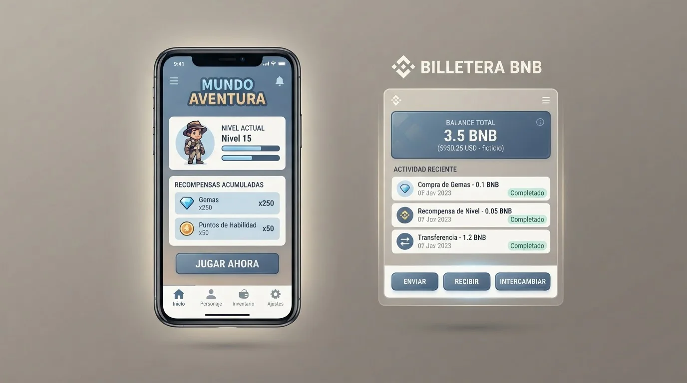 Móvil con una pantalla de juego y un monedero de BNB