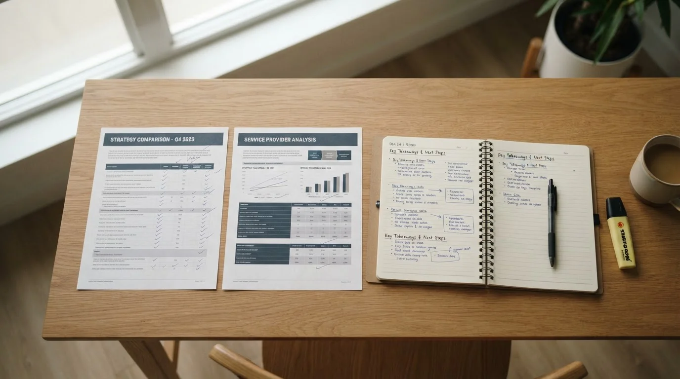 Hojas comparativas, un rotulador y un cuaderno sobre una mesa de trabajo