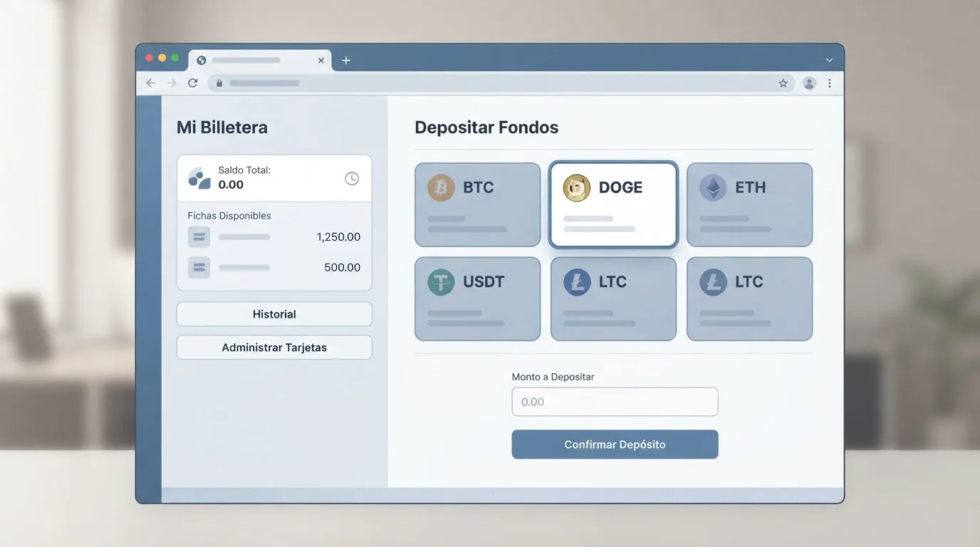Interfaz ilustrativa de una caja de casino con Dogecoin como opción de depósito