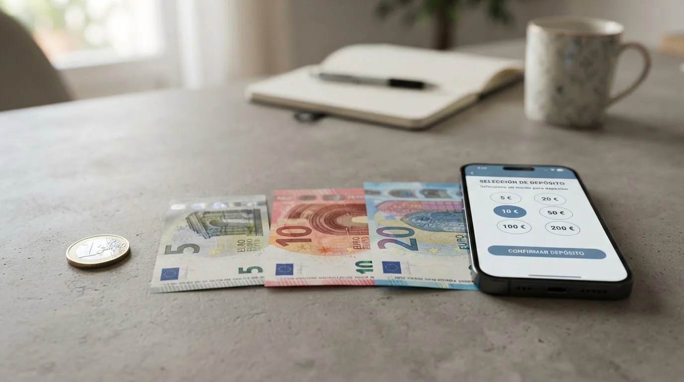 Moneda de un euro, billetes de cinco, diez y veinte euros y móvil con selector de depósito