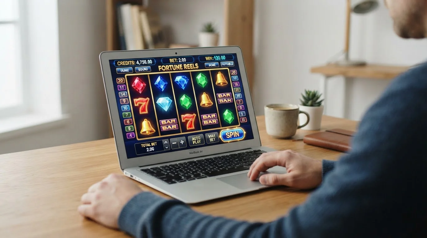 Pantalla de portátil con rodillos y símbolos de un juego de tragaperras genérico