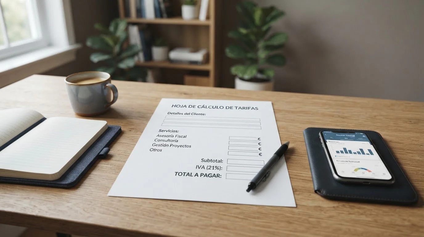 Tabla de comisiones junto a un móvil y un cuaderno