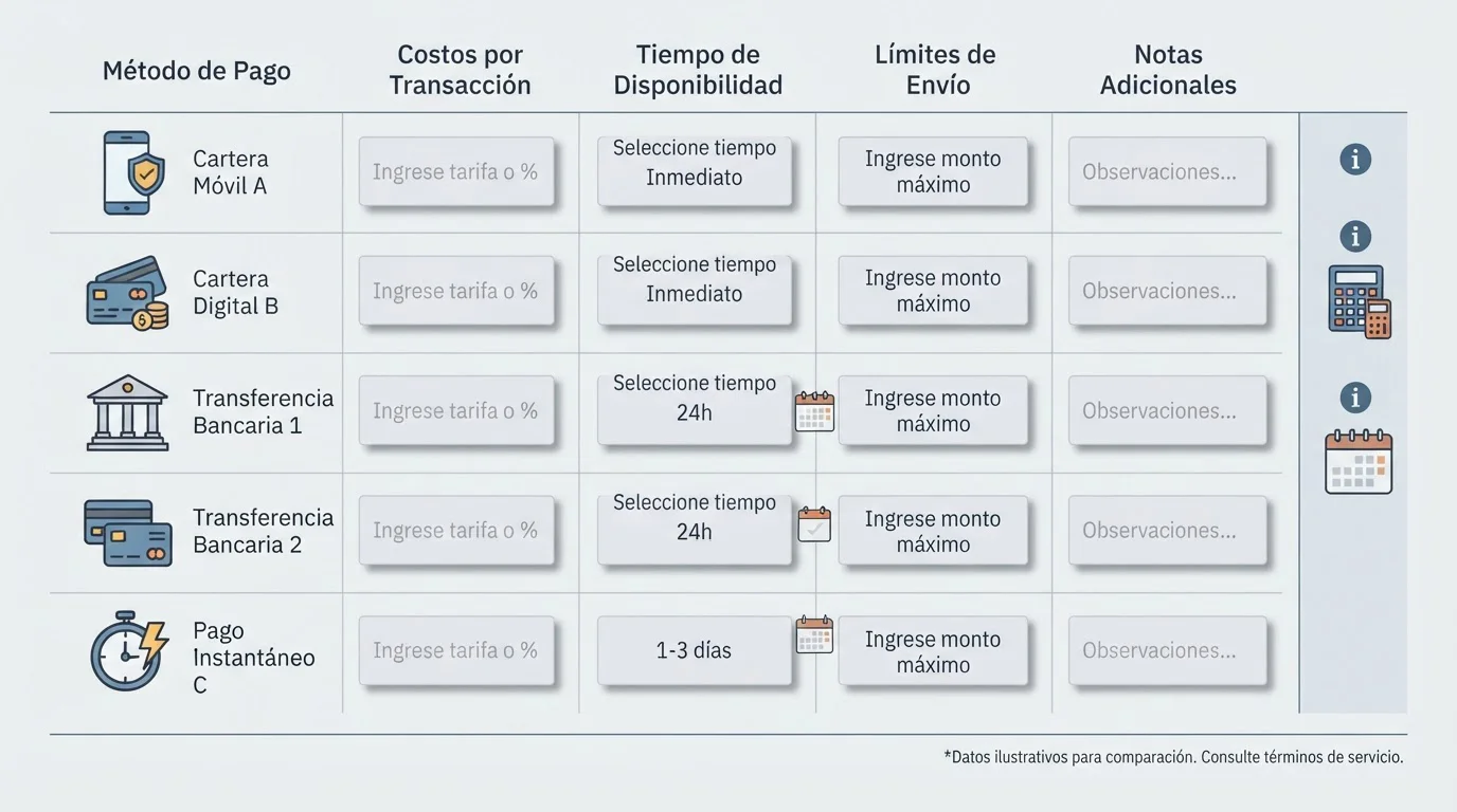 Tabla comparativa de monederos y transferencias con iconos de pago
