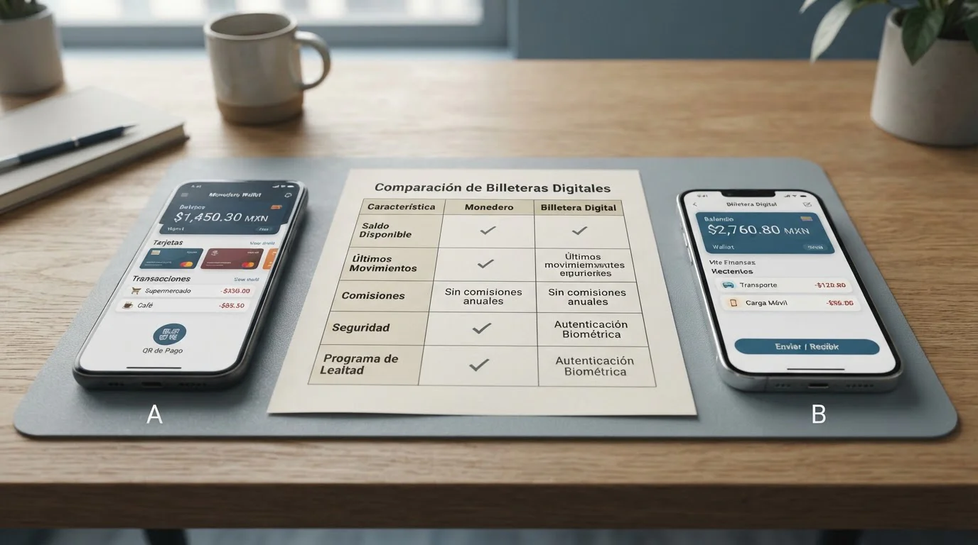 Dos interfaces de monedero digital junto a una tabla comparativa