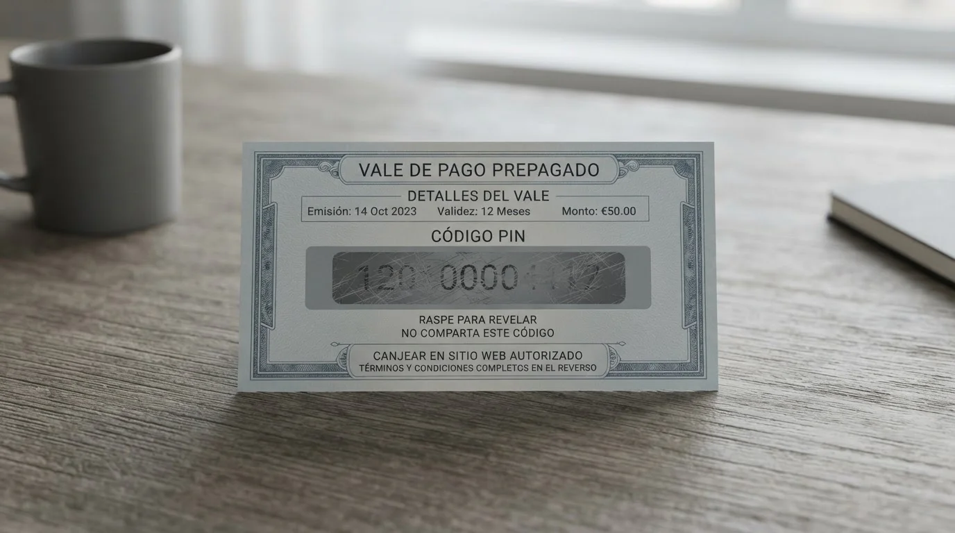 Cupón prepago con el PIN oculto sobre una mesa