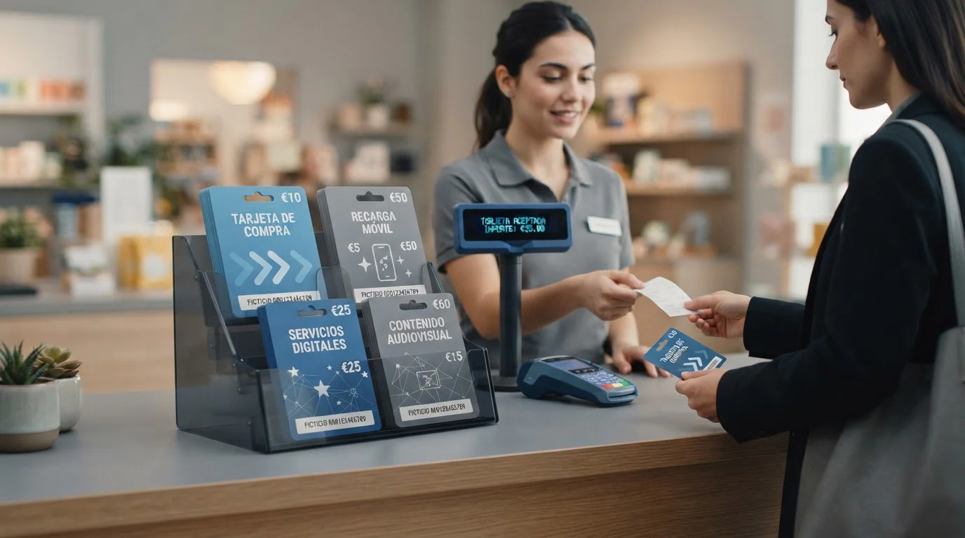 Mostrador de un comercio con un expositor genérico de cupones prepago