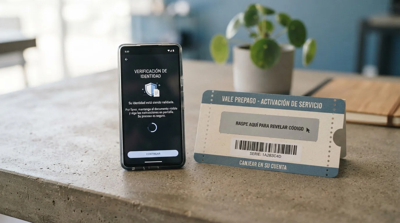 Cupón con el código oculto junto a una pantalla de verificación de identidad
