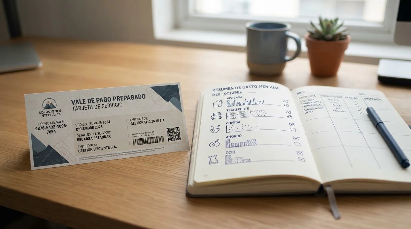 Cupón prepago junto a un cuaderno para controlar el presupuesto