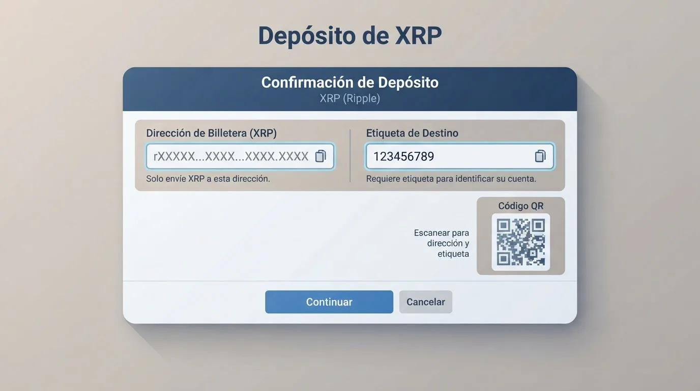 Formulario ilustrativo de depósito de XRP con dirección, etiqueta de destino y código QR
