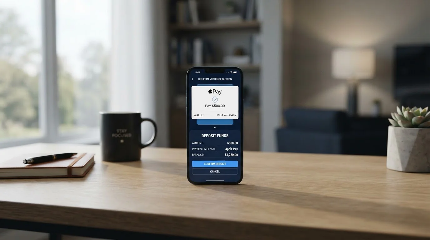 Móvil con una interfaz de Apple Pay junto a una pantalla de caja de casino