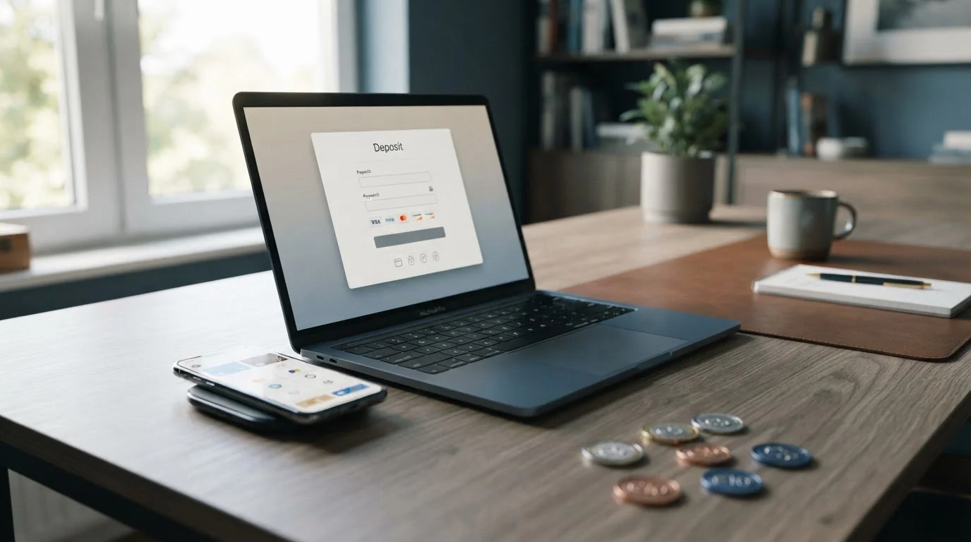 Portátil con una pantalla de depósito junto a un móvil con opciones de pago