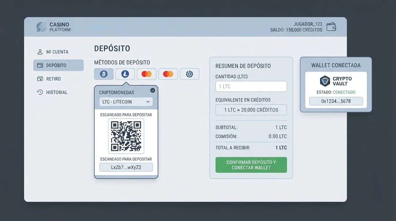 Caja de casino ilustrativa con Litecoin entre las opciones de depósito