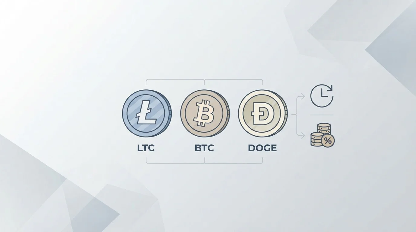 Litecoin, Bitcoin y Dogecoin junto a símbolos de tiempo y comisiones