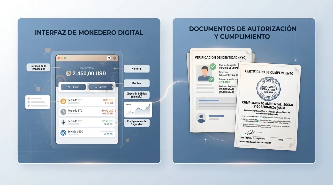 Monedero de criptomonedas y documentos de autorización en dos paneles separados