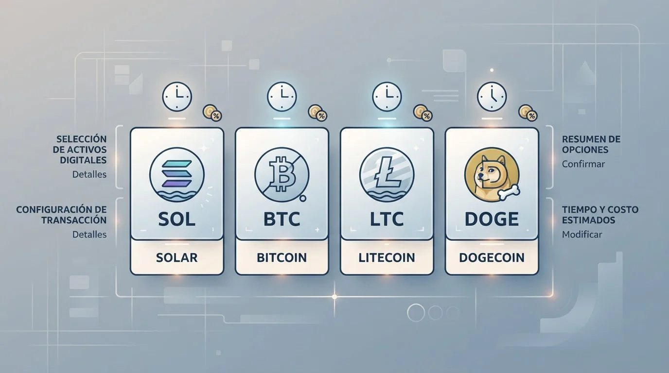 Solana, Bitcoin, Litecoin y Dogecoin con iconos de tiempo y coste