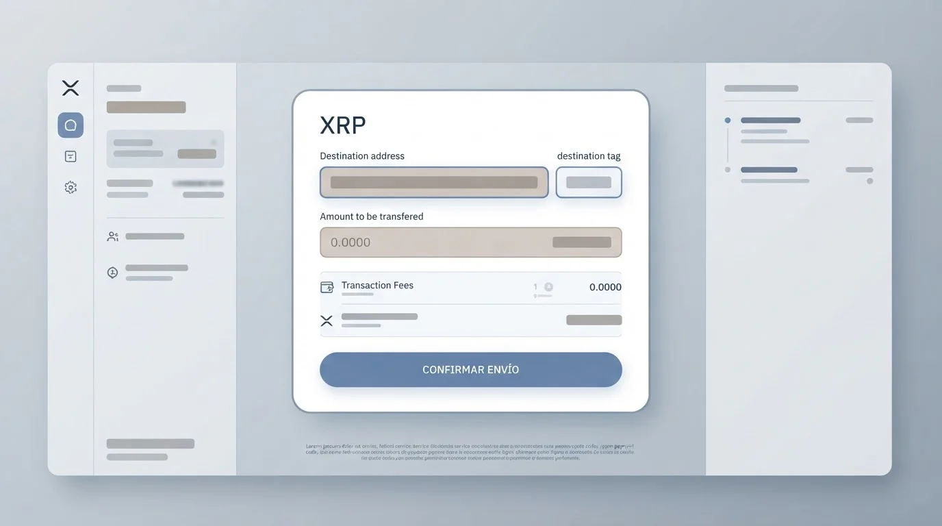 Interfaz ilustrativa de envío de XRP con dirección y etiqueta de destino resaltadas