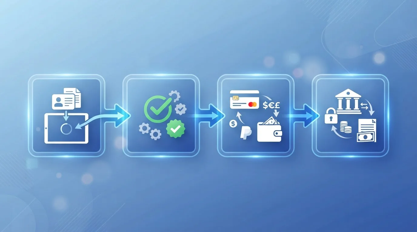 Cuatro etapas conectadas: documentos, revisión, envío del pago y recepción