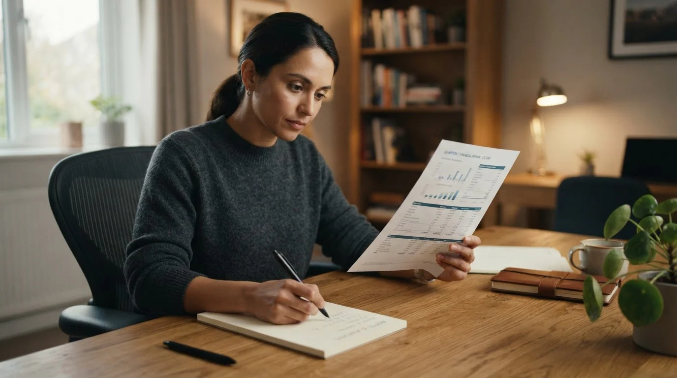 Persona revisando un extracto de comisiones y anotando en un cuaderno