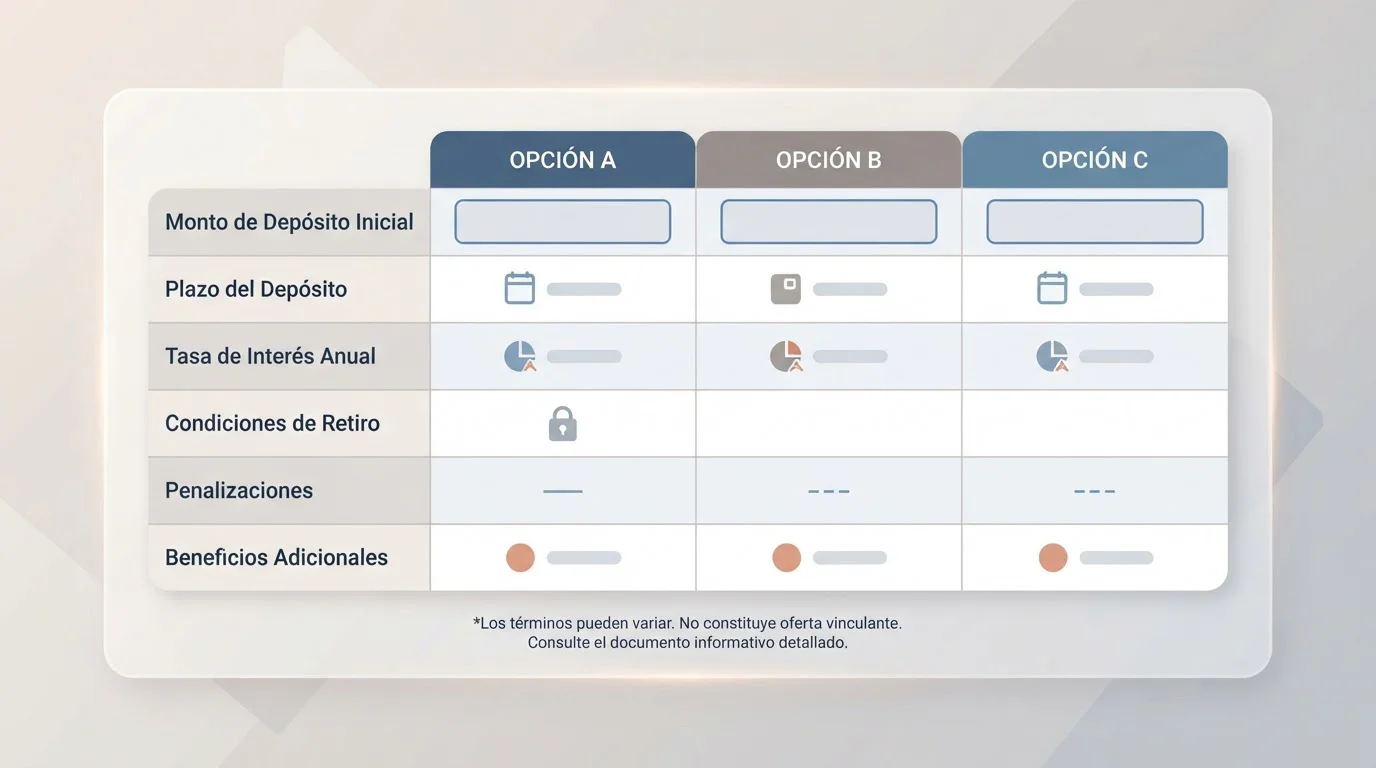 Tabla ilustrativa con tres importes de depósito y campos de condiciones