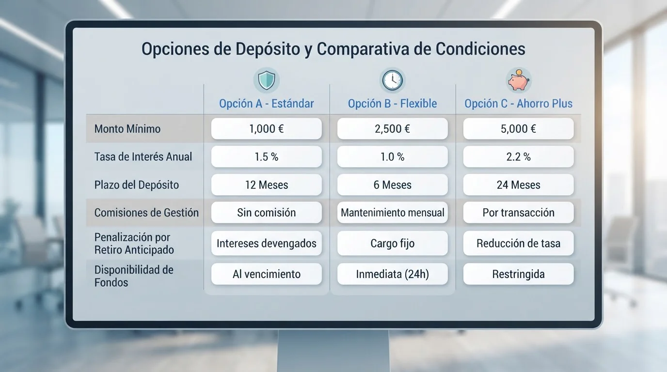Tres opciones de depósito junto a campos para comparar condiciones