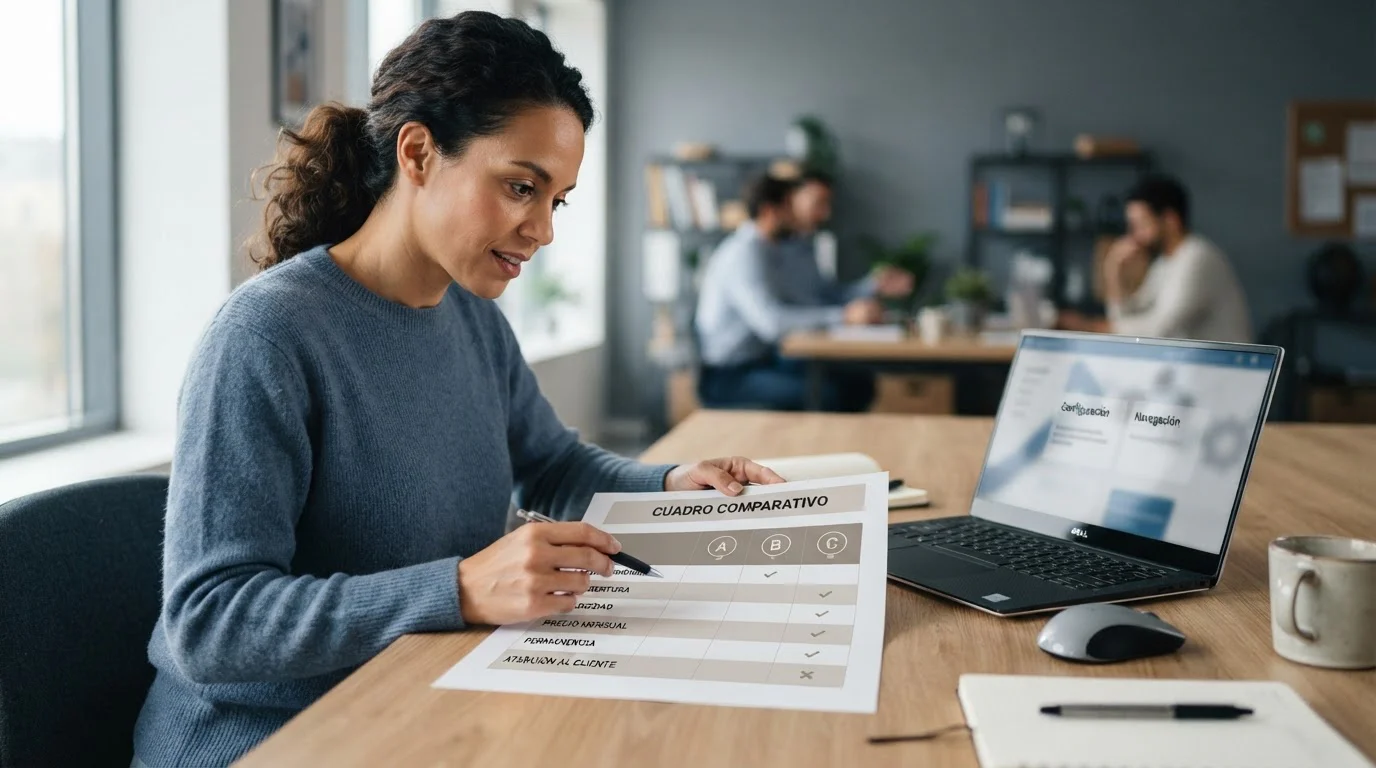 Persona comparando condiciones de operadores en una tabla impresa
