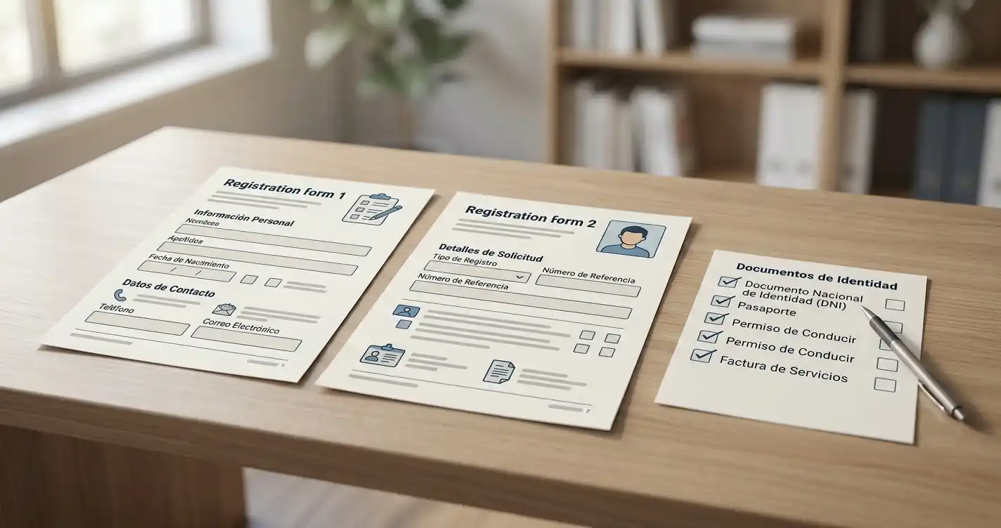 Dos formularios de registro comparados junto a una lista de documentos necesarios