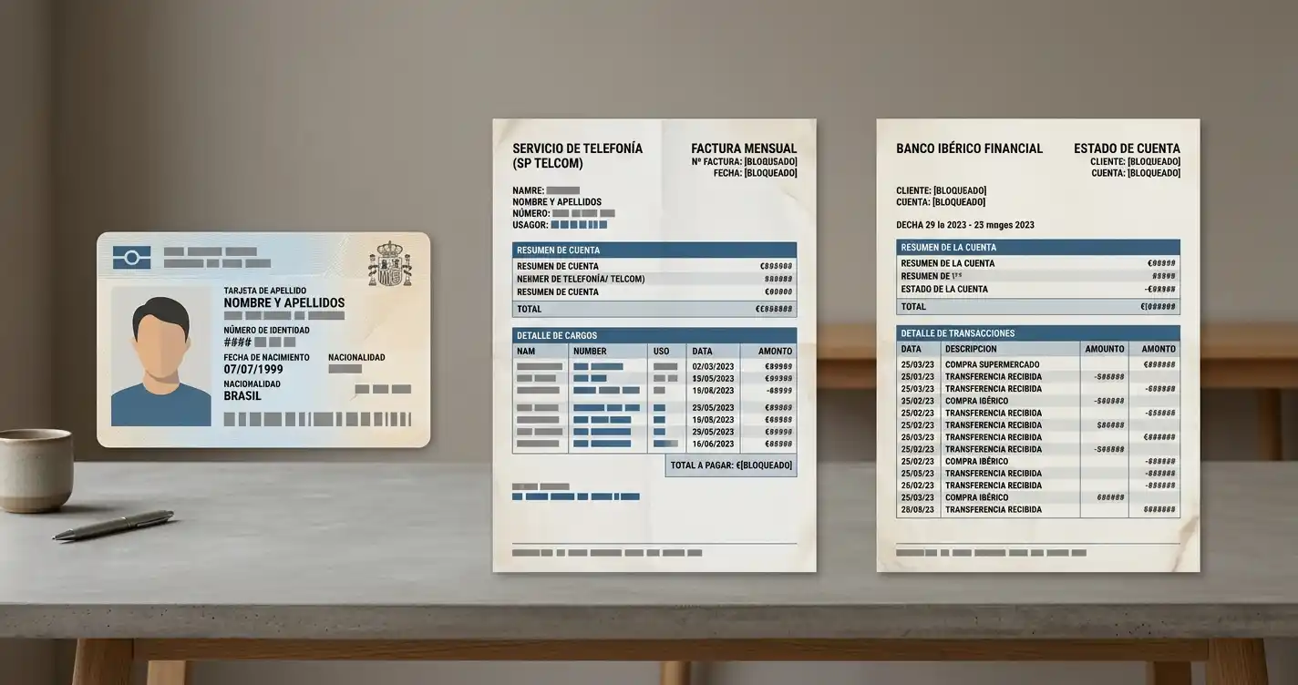 Documento de identidad, factura de teléfono y extracto bancario para comparar titularidades