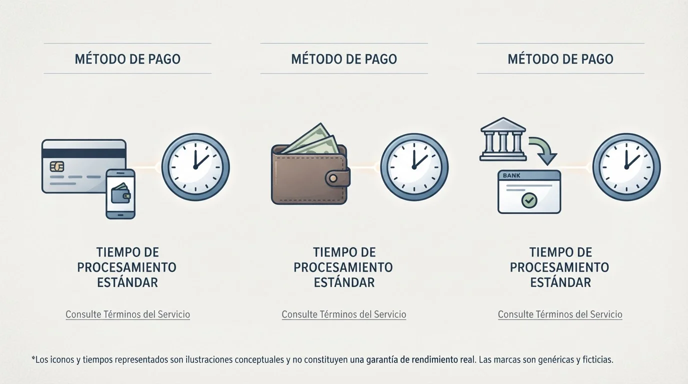 Tarjeta, monedero y transferencia representados junto a iconos de reloj