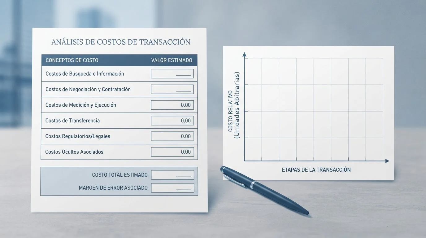 Gráfico ilustrativo de costes de transacción junto a un bolígrafo