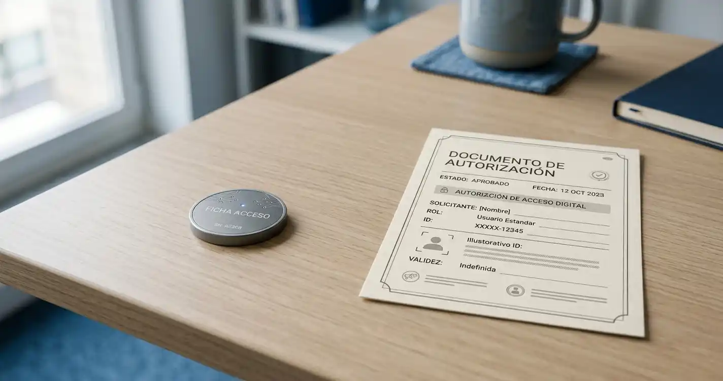 Moneda digital y documento de autorización en dos zonas separadas de una mesa