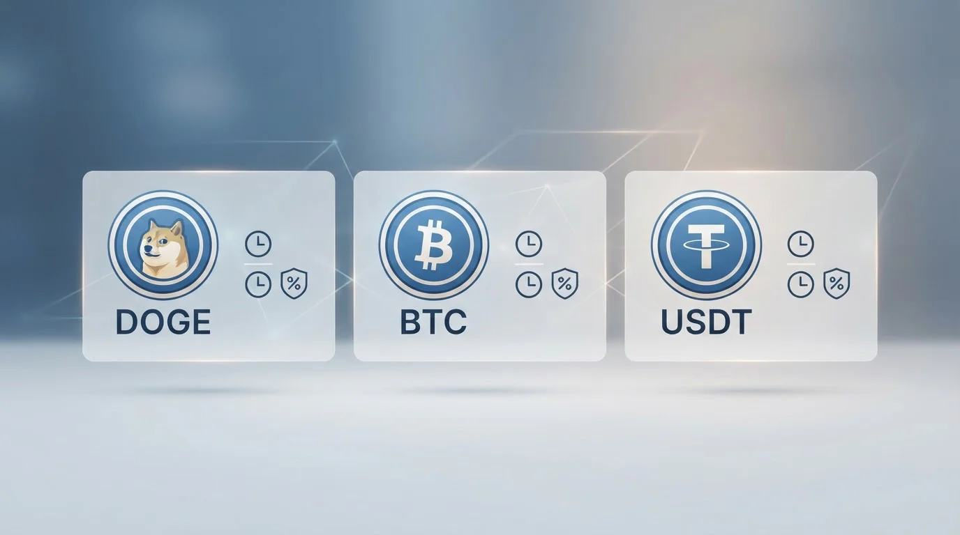 Dogecoin, Bitcoin y USDT junto a iconos de tiempo y coste de transferencia