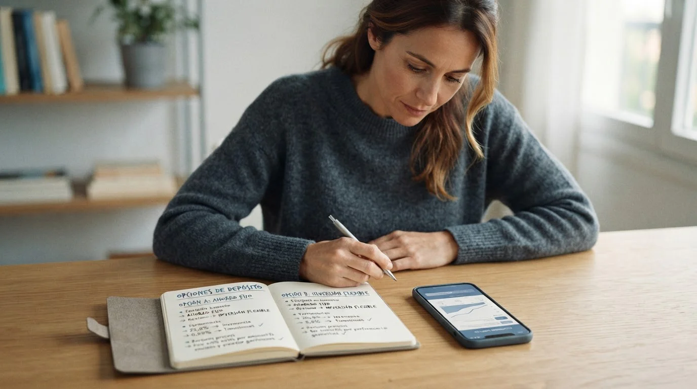 Persona revisando dos opciones de depósito en su cuaderno de presupuesto