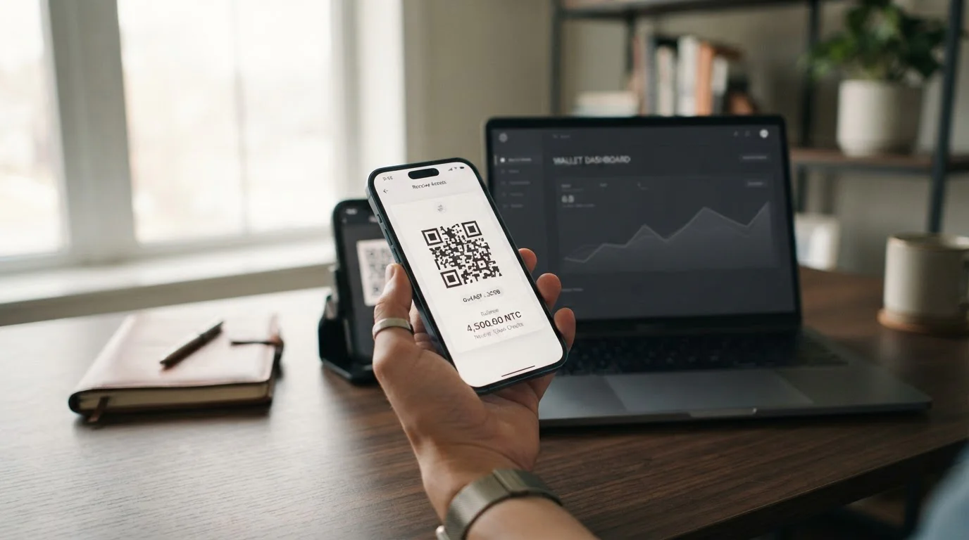 Código QR de un monedero digital en un móvil con un portátil al fondo