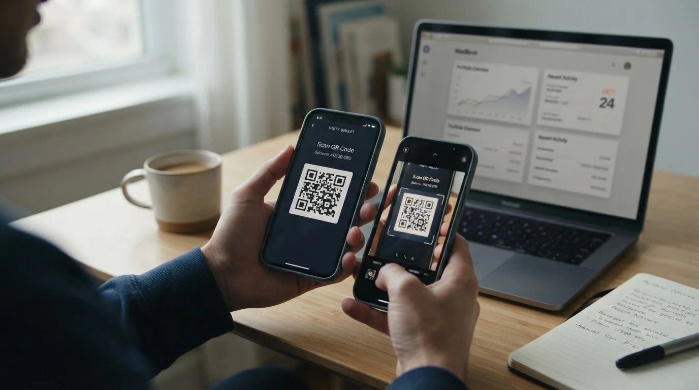 Móvil con un código QR de un monedero de criptomonedas junto a un portátil