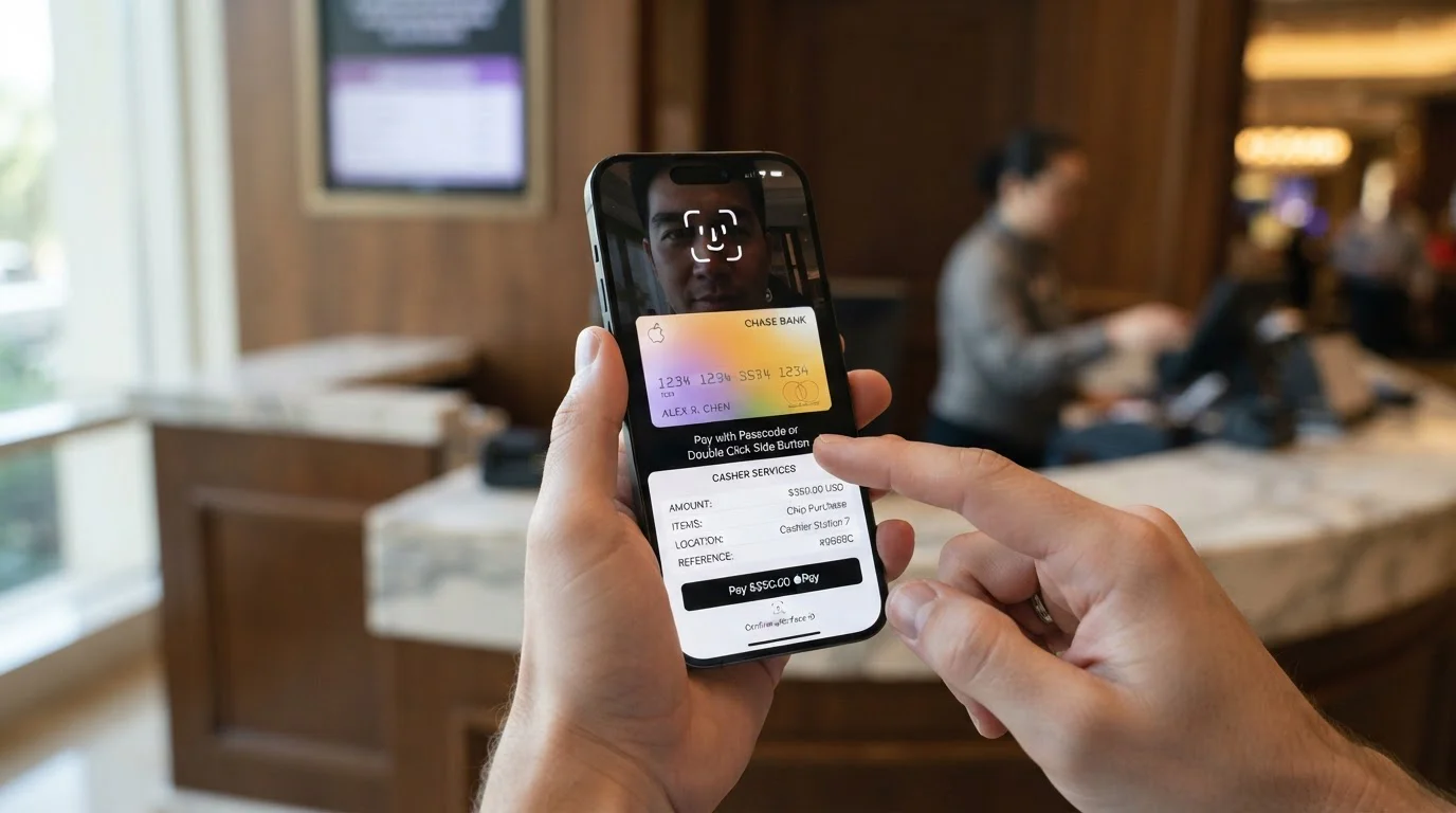 Manos sujetando un iPhone con una solicitud de autenticación facial para un pago