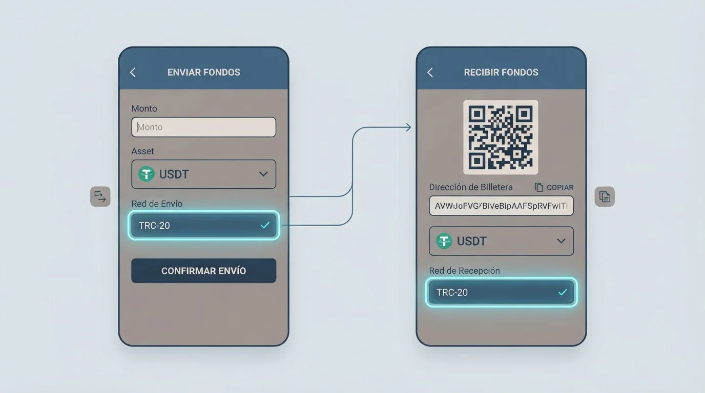 Pantallas de origen y destino con la misma red seleccionada para enviar USDT