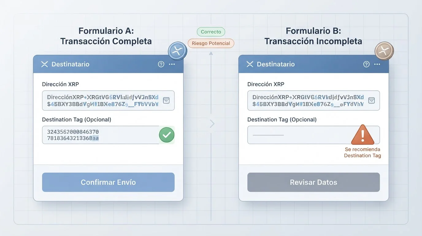 Dos formularios de XRP: uno completo y otro sin la etiqueta de destino