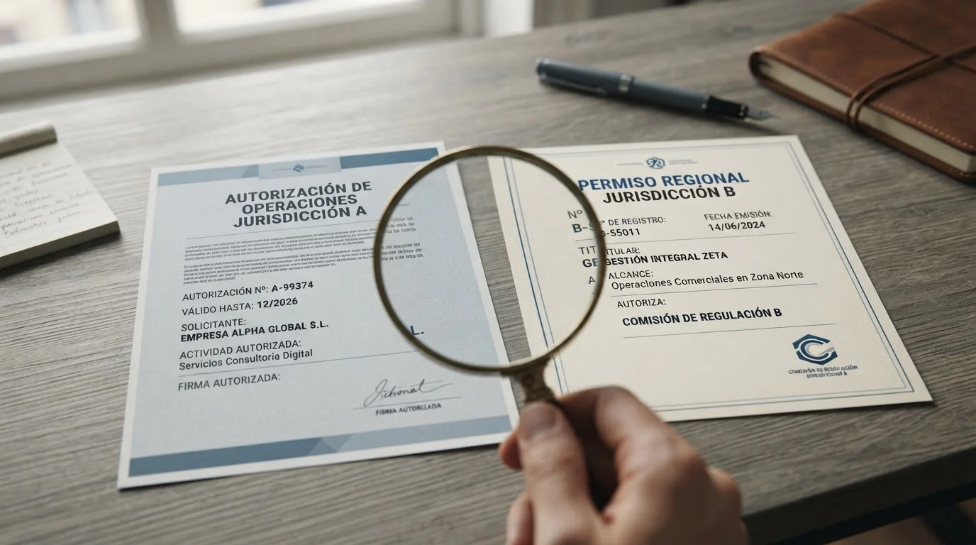 Documentos de autorización de distintos ámbitos revisados con una lupa