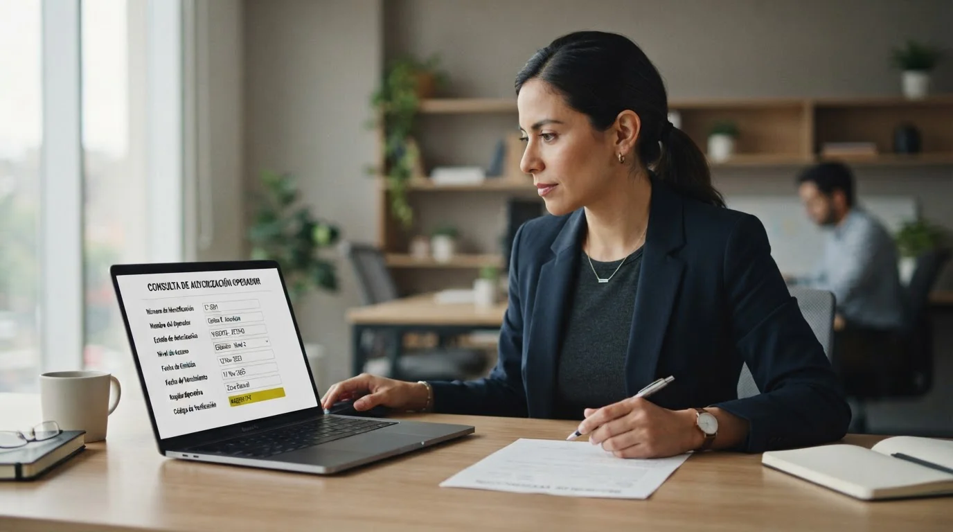Persona comprobando los datos de autorización de un operador en un portátil