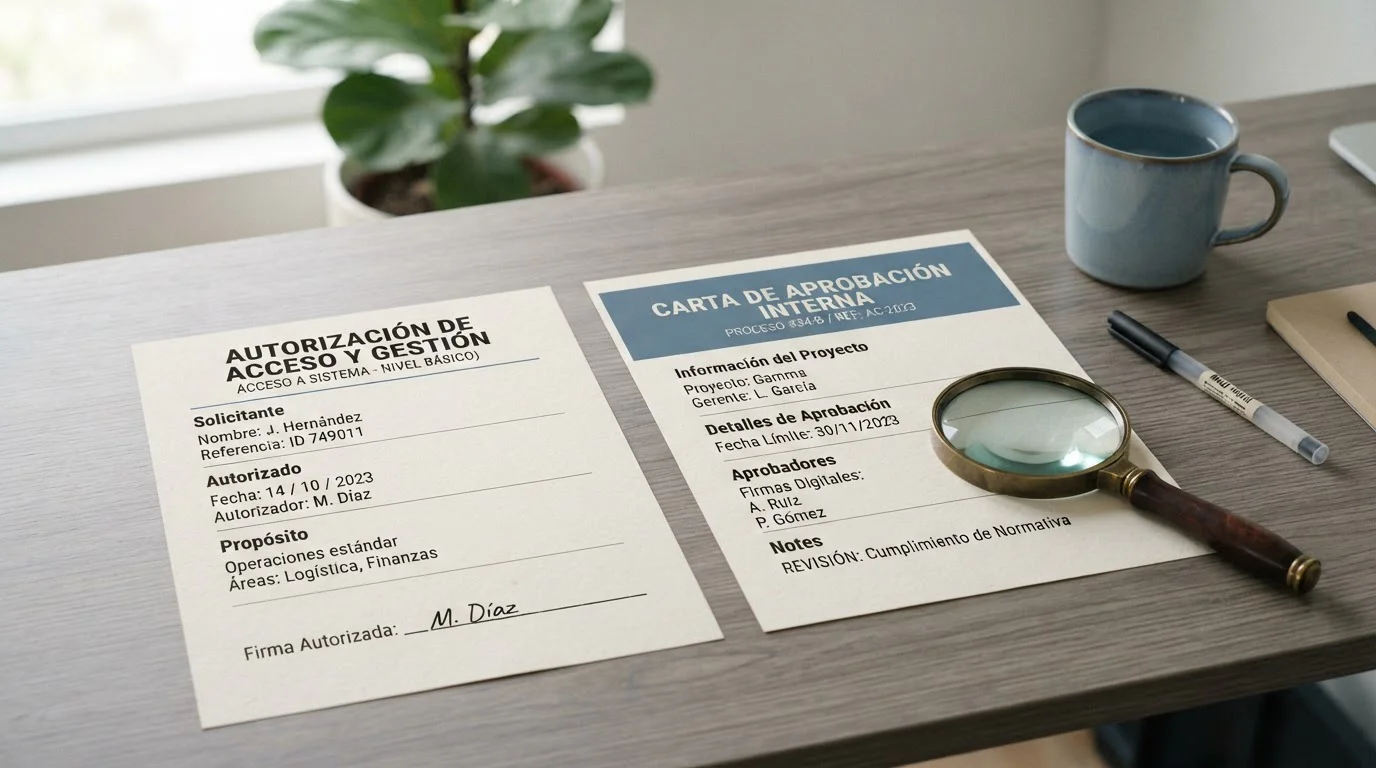 Dos documentos ilustrativos de autorización con una lupa, sin sellos oficiales