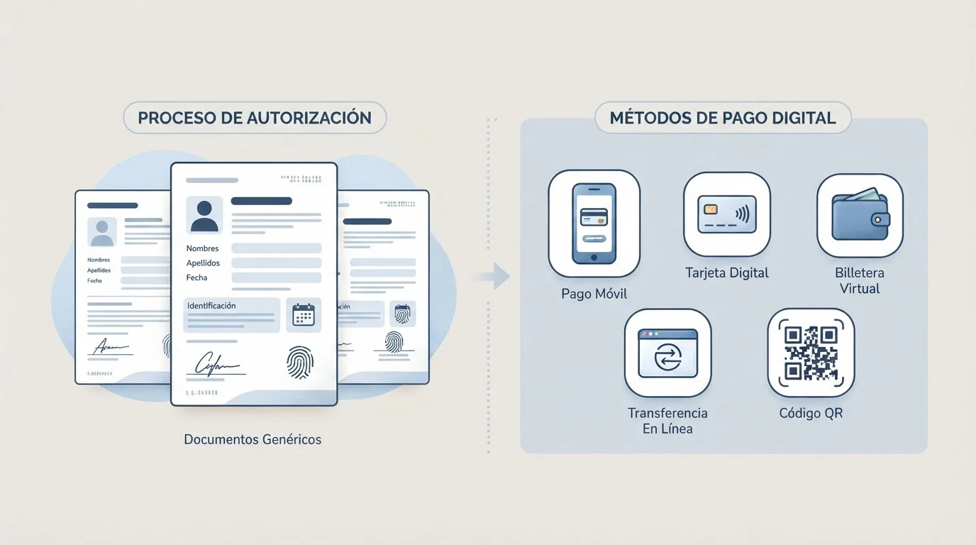 Documentos ilustrativos de autorización junto a iconos de pagos digitales