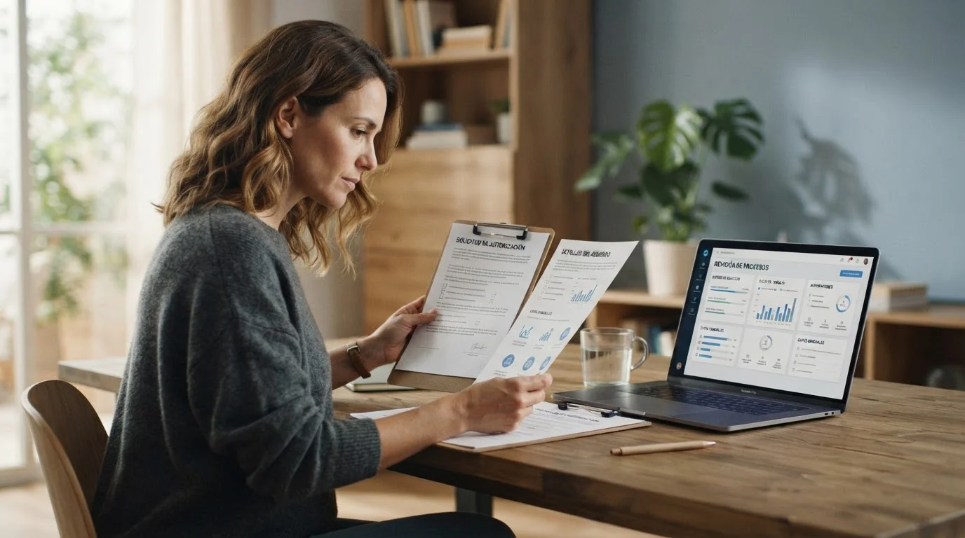 Persona comparando documentos de autorización junto a un portátil
