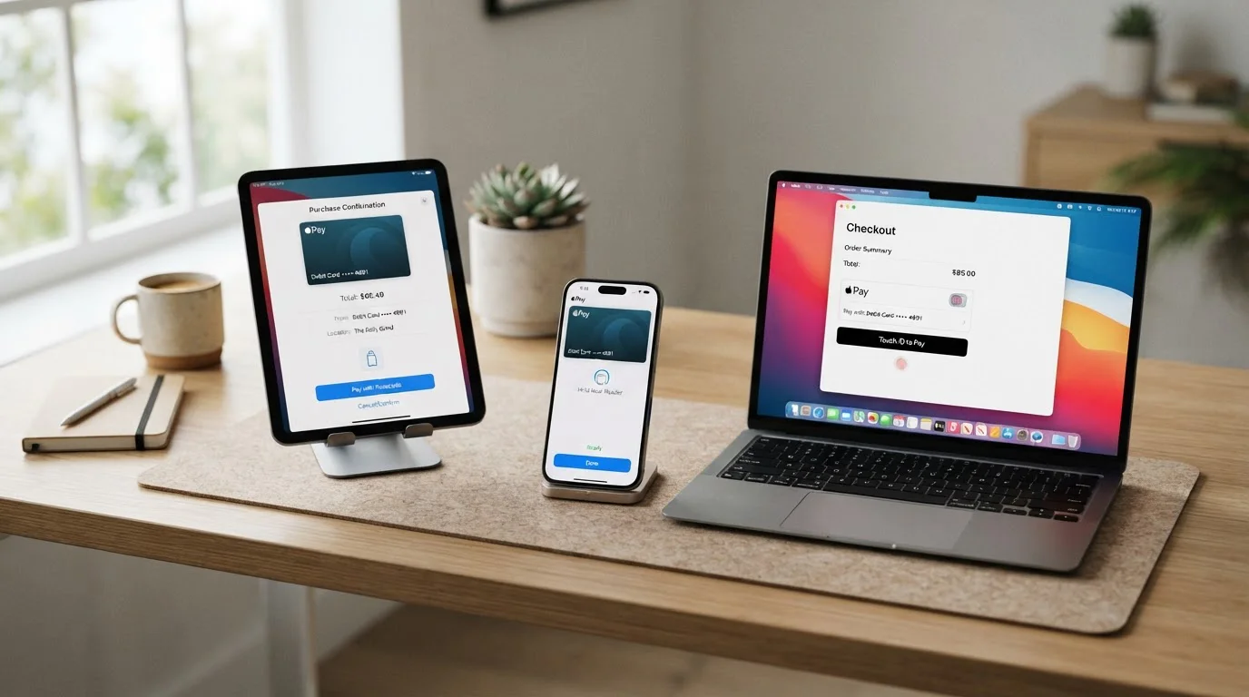 Móvil, tableta y portátil con interfaces de pago sobre una mesa