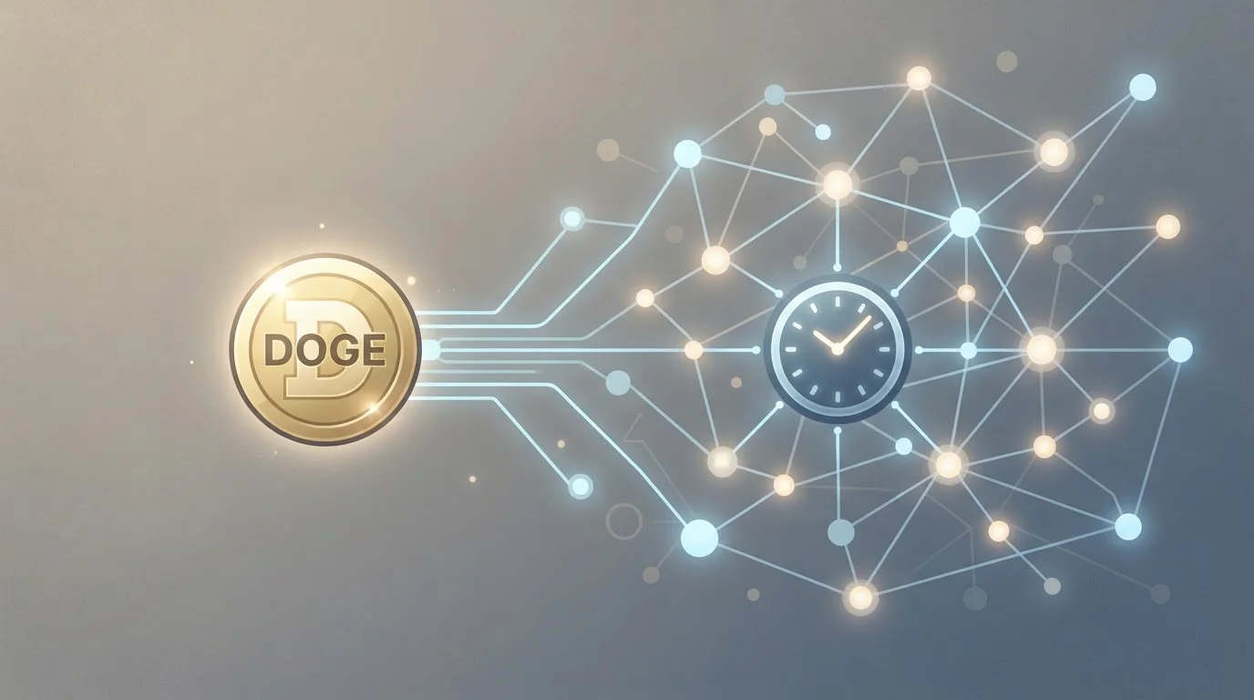 Moneda de Dogecoin conectada a una red de nodos con un icono de reloj