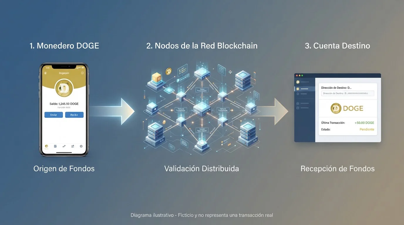 Recorrido de un depósito de DOGE desde el monedero hasta el casino a través de la red